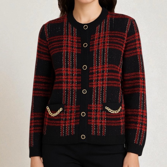 Vintage 90s Metallic Weave Old Money Preppy Plaid Button Up Cardigan Sweater - Picture 1 of 11